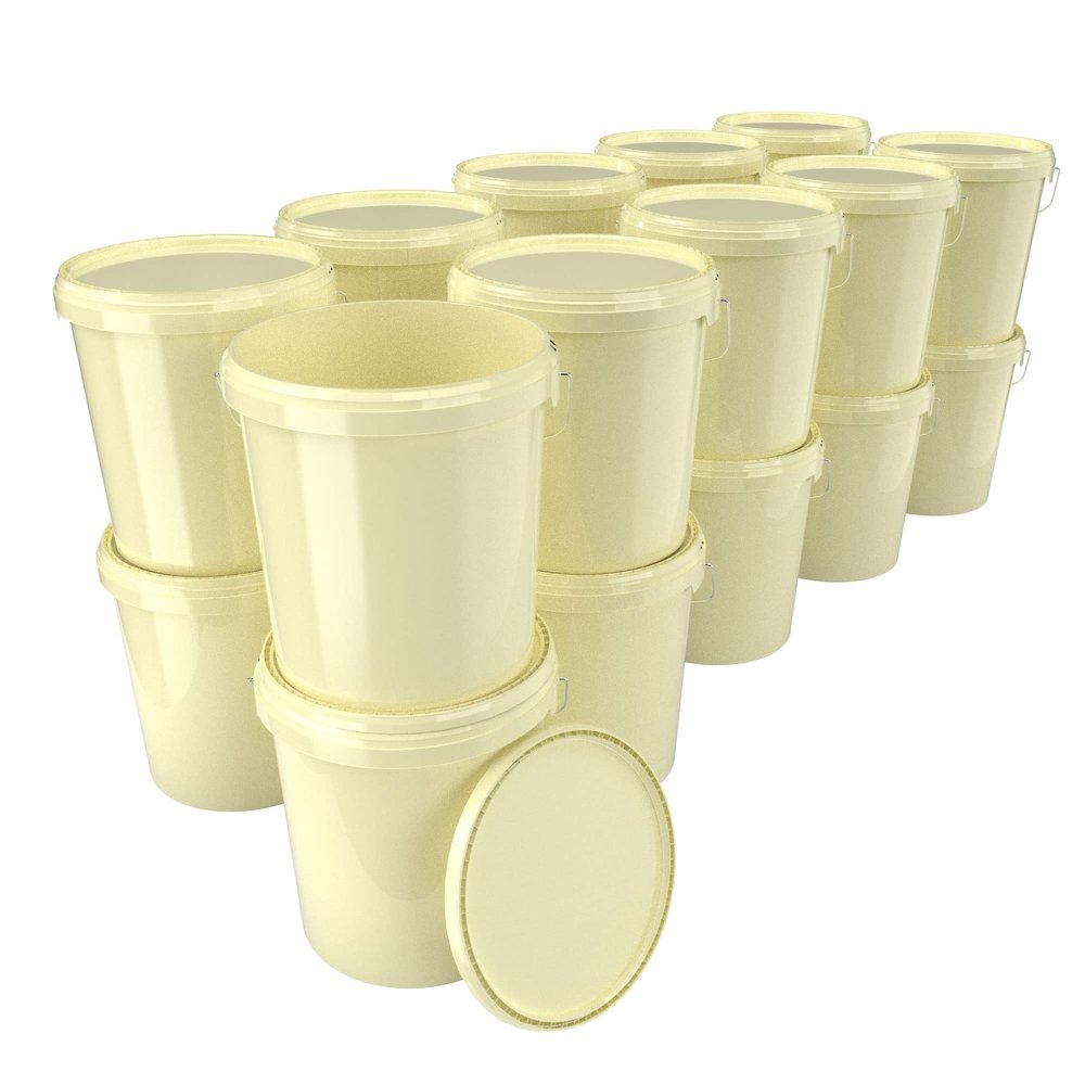 100 x buckets with lid, 16 litres, cream, food-safe, airtight and stable, empty bucket with handle and closure, lid for food, chemistry, wall, paint, washing powder, adhesives