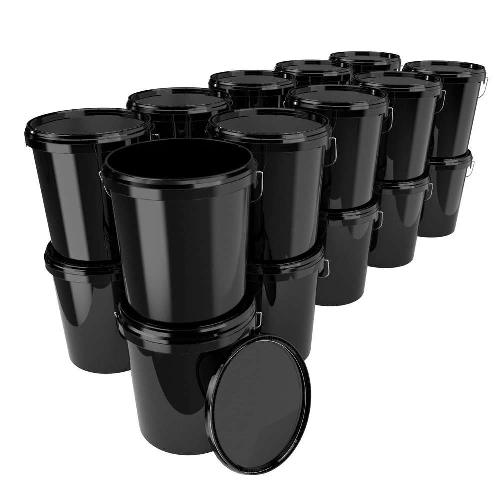 100 x buckets with lid, 16 litres, black, food-safe, airtight and stable, empty bucket with handle and closure, lid for food, chemistry, wall, paint, washing powder, adhesives