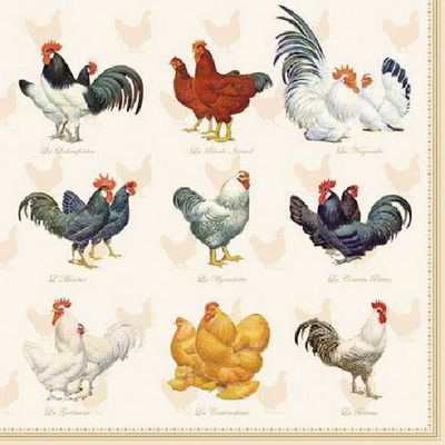 20 napkins, chicken species, table decoration, decoupage, napkin technology, 33 x 33 cm