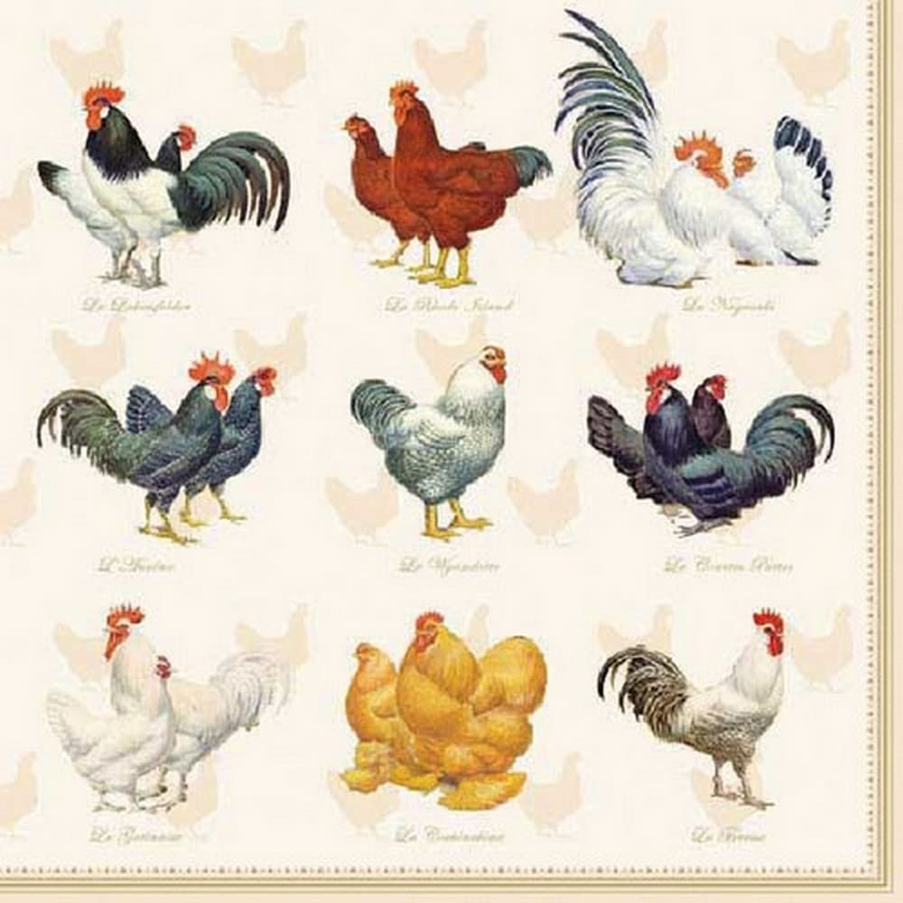 20 napkins, chicken species, table decoration, decoupage, napkin technology, 33 x 33 cm