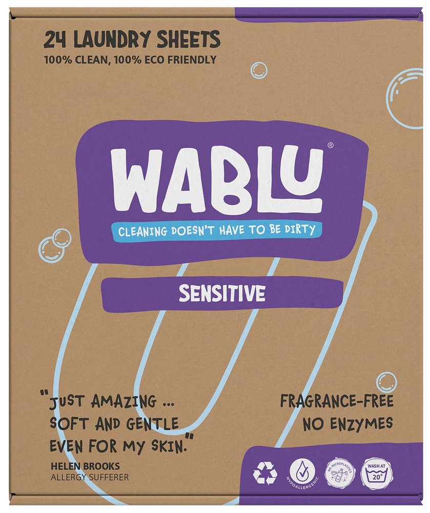 WABLU Fragrance Free Laundry Detergent Sheets | Non-BIO (no enzymes) | Hypoallergenic | For use with sensitive skin and delicate fabrics | 24 Washes