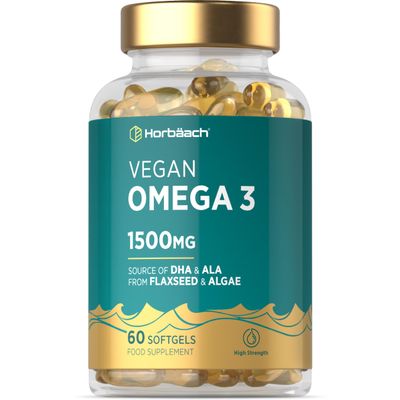 Vegan Omega 3 DHA from Algae Oil 1500mg | 60 Softgels | High Strength 450mg of ALA and 240mg of DHA Per Serving | by Horbaach