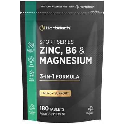 Zinc, Magnesium with Vitamin B6 Tablets | 6 Month Supply | 100% NRV High Strength Muscle Support Supplement | 3-in-1 Complex | 180 Vegan Tablets | Sport Series By Horbaach