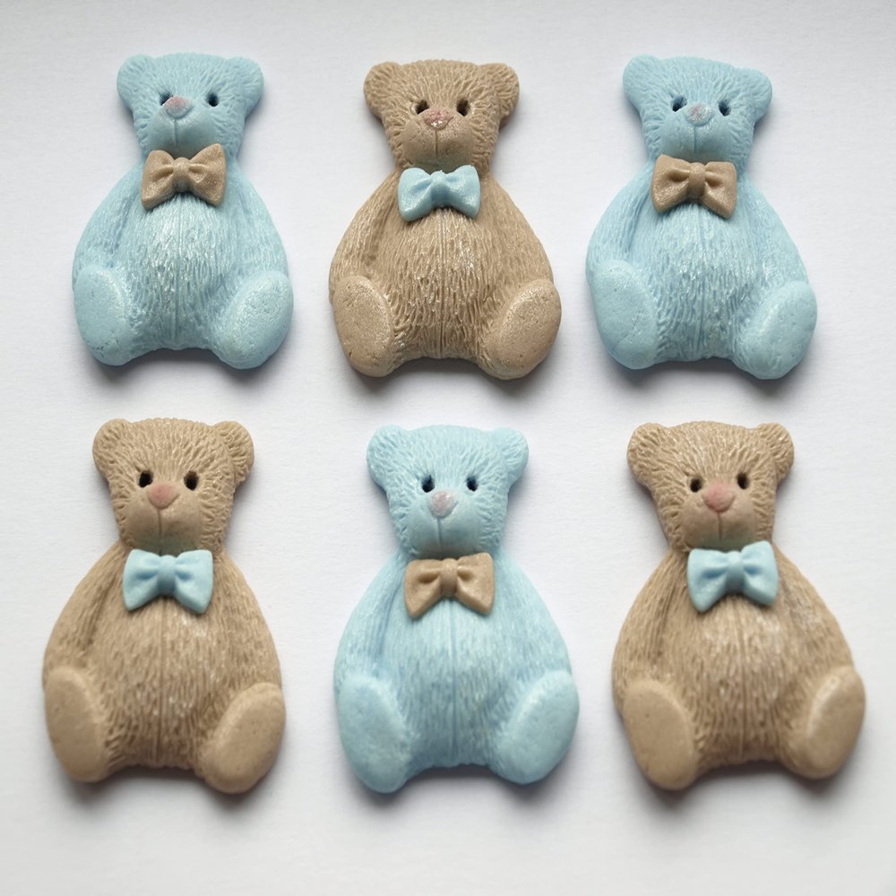 12x Teddy Bears Fondant Edible Cupcake Cake Toppers - Baby Birthday Shower, Blue Brown