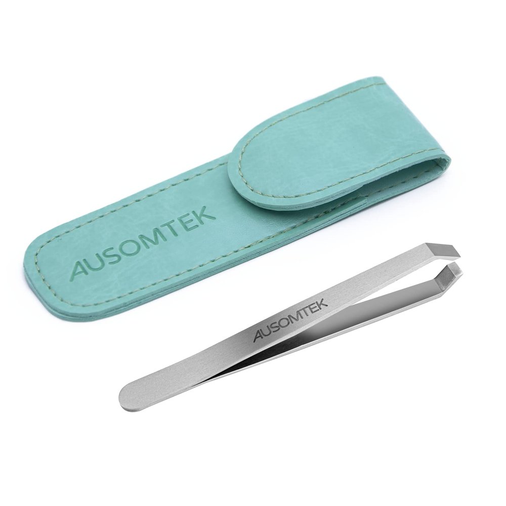 AUSOMTEK Beard Tweezers, White Hair Plucking Tool, Stainless Steel, Fine Hair Removal, Eyebrows Shaping, 5mm Flat Tip, Cyan PU Case 1Pack