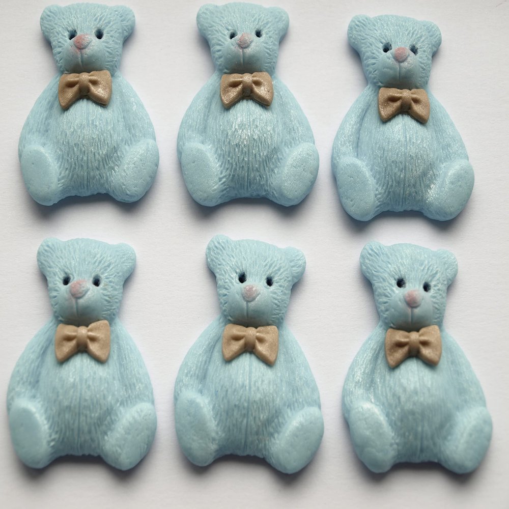 12x Teddy Bears Fondant Edible Cupcake Cake Toppers, Baby Birthday Shower in Blue