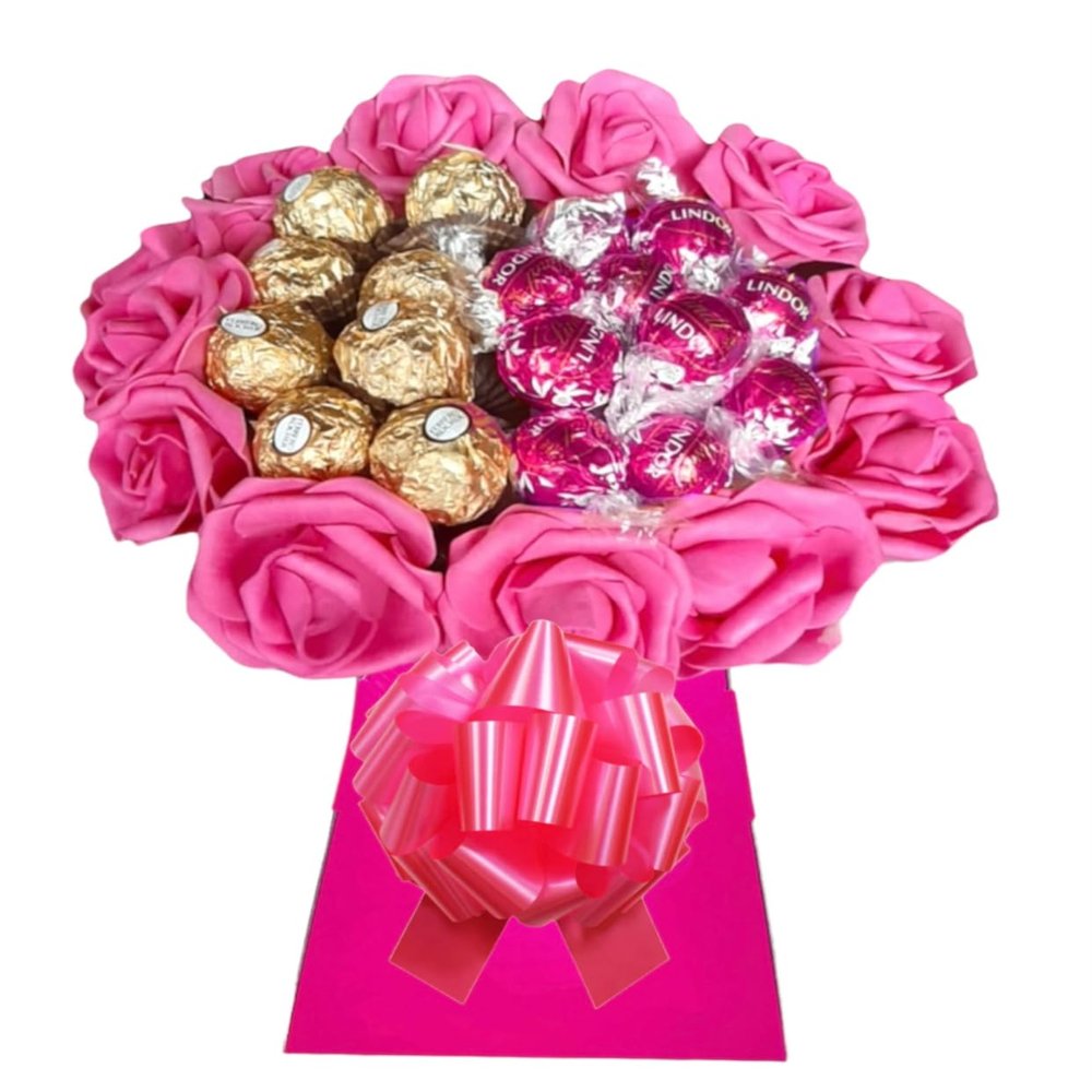 Pink Chocolate Bouquet Hamper Ferero Lindr Gift Men Women Red Gold Blue Pink White Sweets Candy Personalised (Medium)
