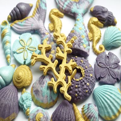 25x Under the Sea Edible Mermaid Tail, Seashells, Nautical Coral - Fondant Cupcake Topper Decoration