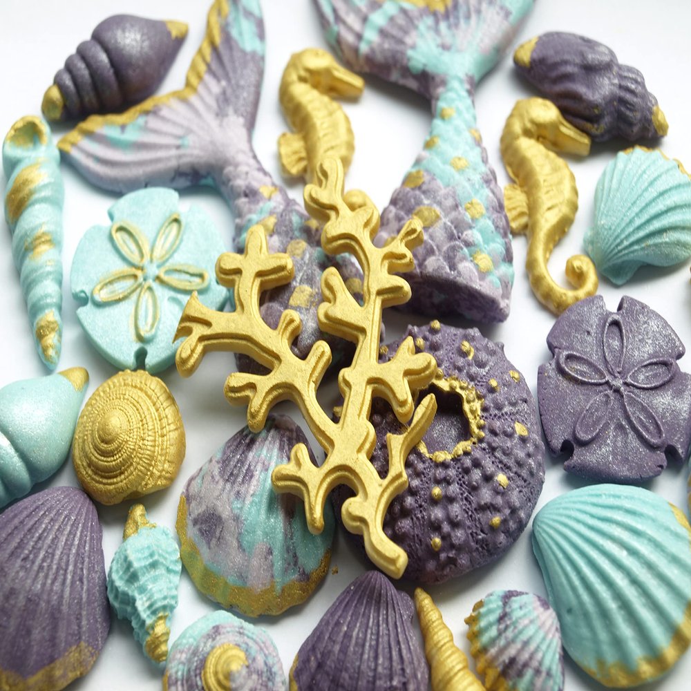 25x Under the Sea Edible Mermaid Tail, Seashells, Nautical Coral - Fondant Cupcake Topper Decoration