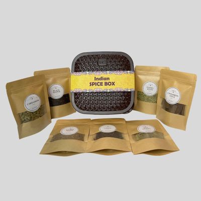 Indian Spice Collection, Spice Box with 7 Cooking Spices and Spice serving spoon - Perfect for Gifting
