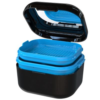 BVN Denture Bath Case with Mirror - Professional Soaking Container for Retainers, Mouth Guards & Aligners - Portable False Teeth Cleaning Box, Black