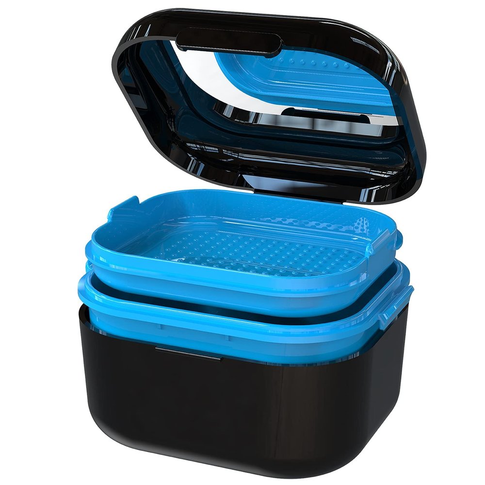 BVN Denture Bath Case with Mirror - Professional Soaking Container for Retainers, Mouth Guards & Aligners - Portable False Teeth Cleaning Box, Black