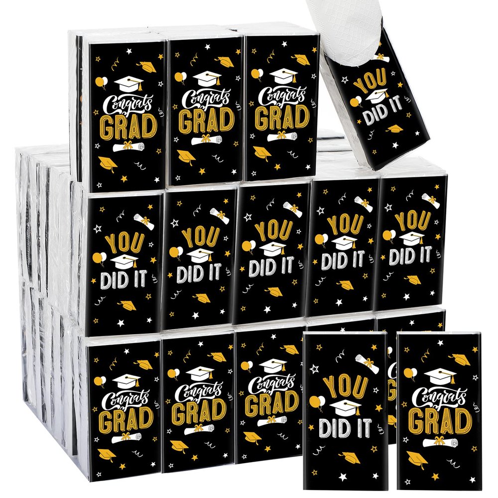 Thenshop 100 Pack Graduation Pocket Tissues Congrats Grad Facial Tissues Small Size Individual Travel Tissue 3 Ply Paper Facial Tissues for Guests Travelling Celebrating Graduation Party (Black)