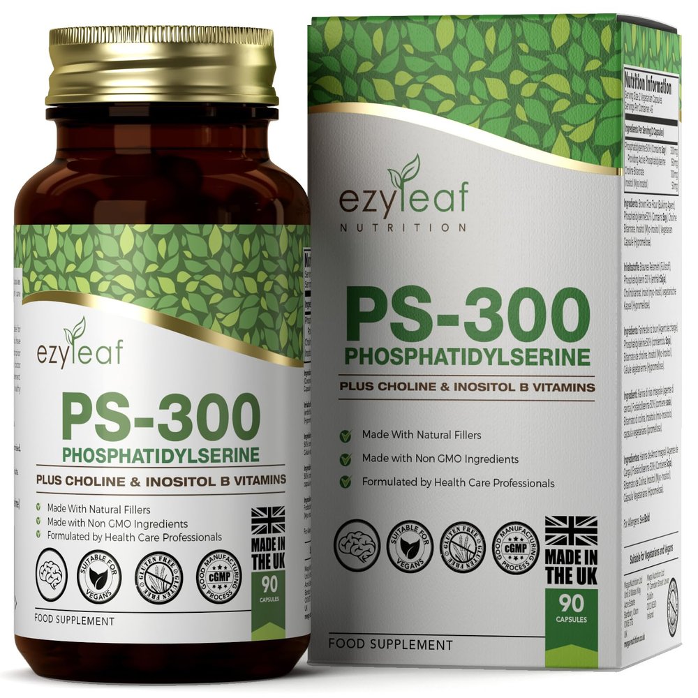 Ezyleaf Phosphatidylserine PS-300 with Choline Bitartrate & Myo-Inositol | 90 High Strength Capsules - 300mg Serving | Phosphatidyl Serine, Choline Supplement | Non-GMO & Gluten Free, UK ISO Certified