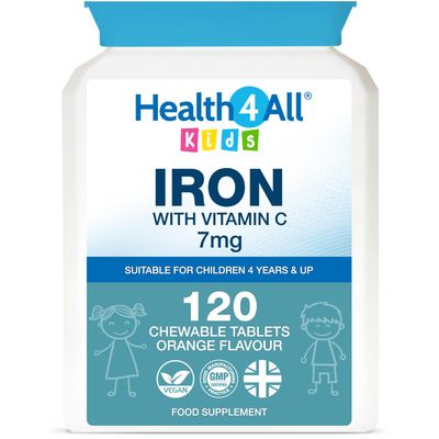 Health4All Kids Iron 120 Chewable Tablets 4 Months Supply, Vegan Sugar-Free Iron Supplement for Children 4+ Supports Learning, Growth & Immune System, Natural Orange Flavour, Made in UK (not Gummies)
