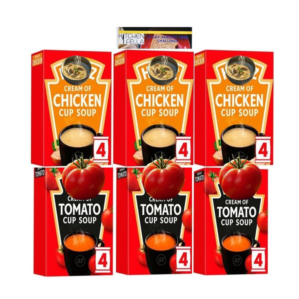 Chicken Cup a Soup (x3) and Tomato Soup (x3) Bundle and Kitchen Fella 14 Day Healthy Eating Guide Postcard