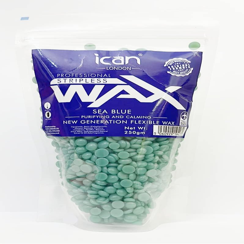 Ican London Professional Hard Wax Beads,Stripless Depilatory Waxing Pellets Solid Beans No Strip Needed, Pain Free Hair Removal Wax For Full Body (Sea Blue, 250g)