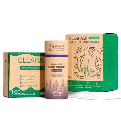 CLEARALIF All In One Laundry Kit. 80 Unscented Laundry Sheets, 7 oz Lavender Scent Booster, 80 Color Absorber Sheets