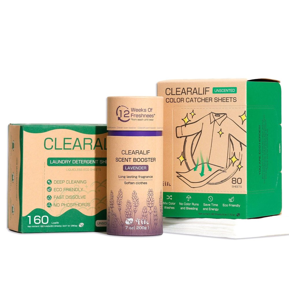 CLEARALIF All In One Laundry Kit. 80 Unscented Laundry Sheets, 7 oz Lavender Scent Booster, 80 Color Absorber Sheets