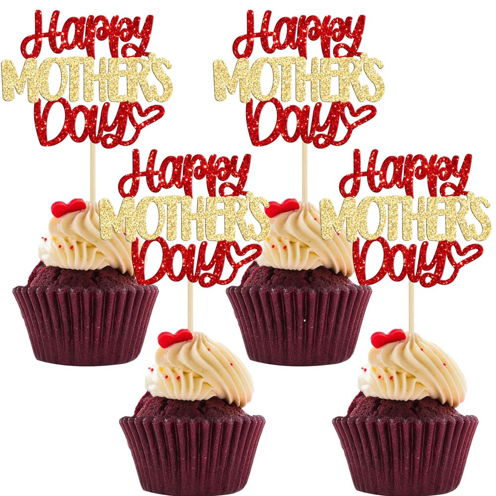 24Pcs Mother's Day Cupcake Topper Happy Mother's Day Cupcake Picks Red Gold Glitter Best Mom Party Cake Decorations Cupcake Toppers Picks for Mother's Birthday Party Supplies