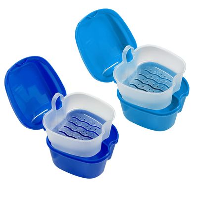 2 Pieces Plastic Denture Storage Boxes (Dark Blue and Light Blue), Braces Cleaning Storage Box, Denture Care Bath Box with Filter for Soak Cleaning and Fixing Protection of Dentures