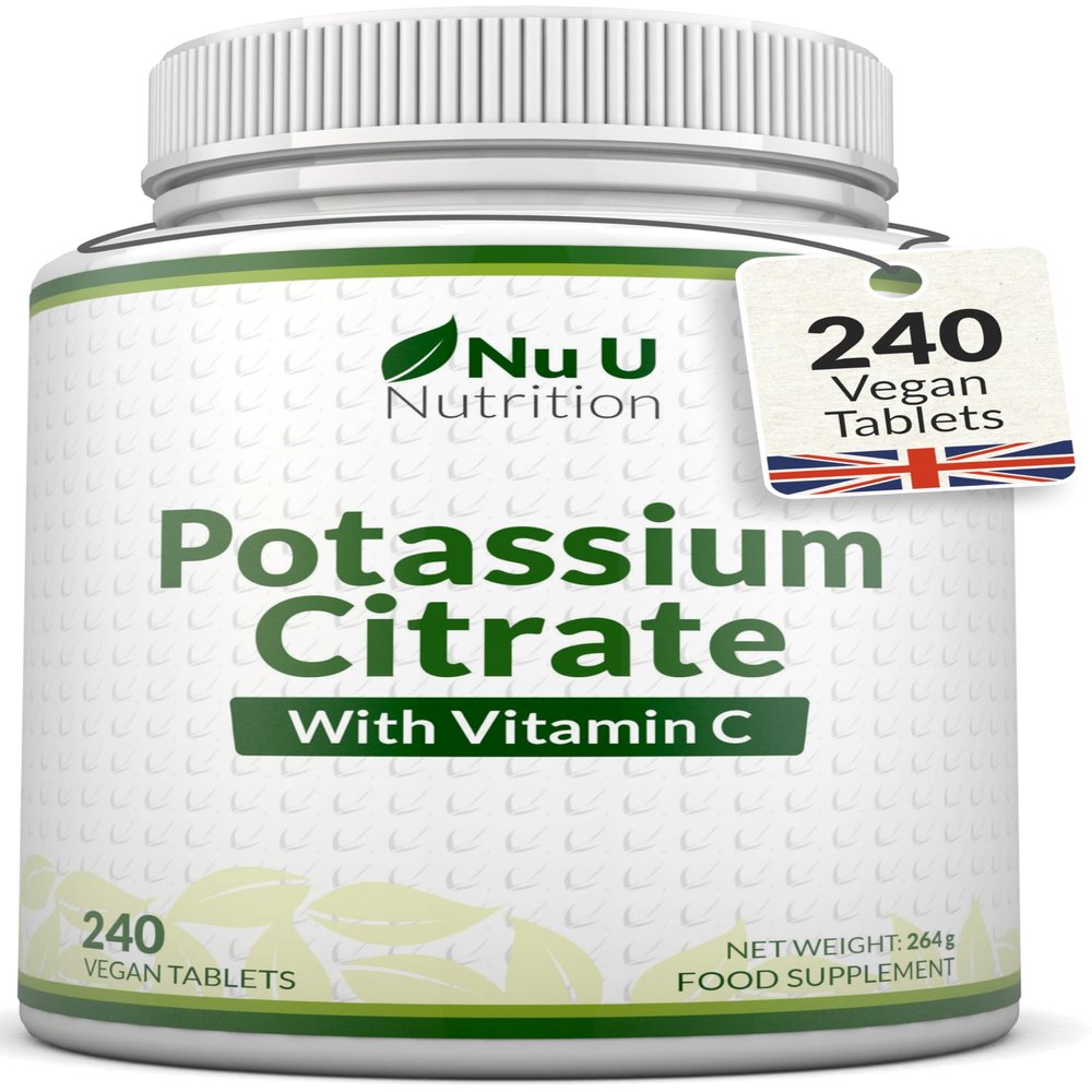 Potassium Supplement High Strength 1550mg & Vitamin C - 240 Vegan Tablets - 4 Month Supply - Potassium Citrate for Natural Electrolytes Support - Made in The UK - Nu U Nutrition