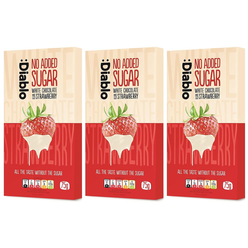 Diablo No Added Sugar White Chocolate with Strawberry No Added Sugar Chocolate Bar Sweetened with Stevia, Gluten Free, Ideal for Any Occasion, Birthdays, Valentines, or Gift Hampers, 75g (Pack of 3)