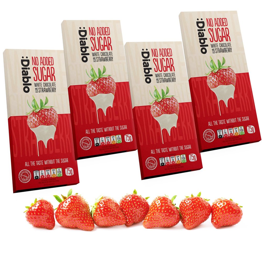 Diablo No Added Sugar White Chocolate with Strawberry  No Added Sugar Chocolate Bar Sweetened with Stevia, Gluten Free, Ideal for Any Occasion, Birthdays, Valentines, or Gift Hampers, 75g (Pack of 4)
