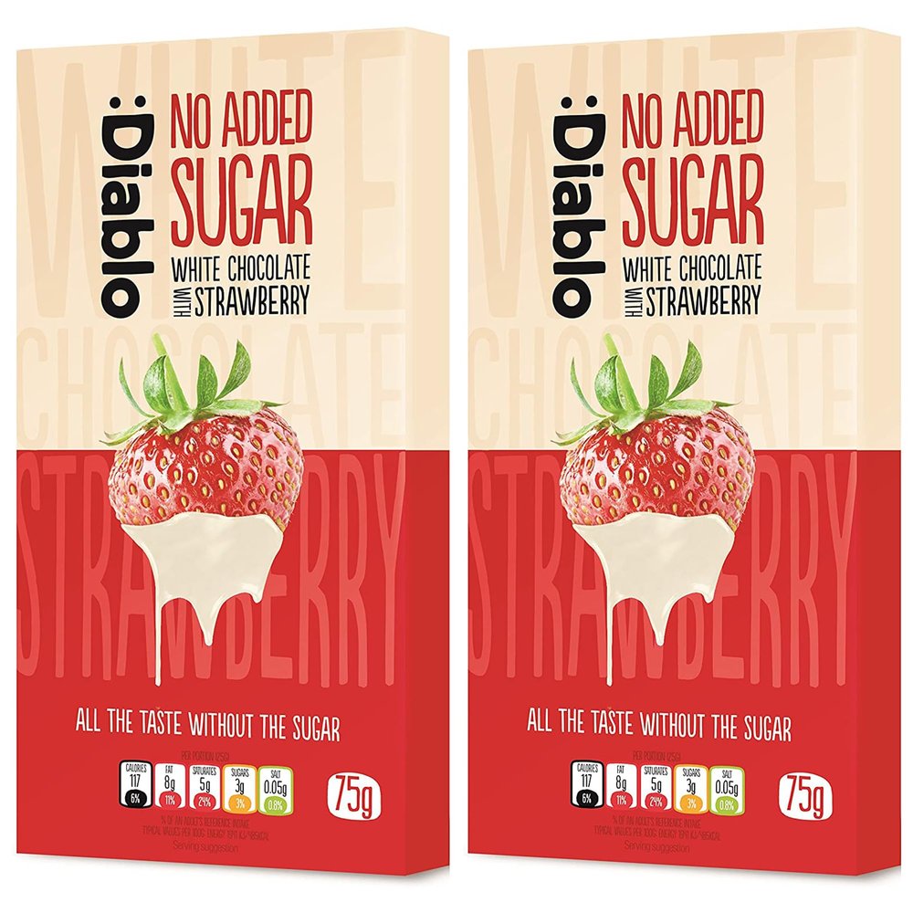 Diablo No Added Sugar White Chocolate with Strawberry  No Added Sugar Chocolate Bar Sweetened with Stevia, Gluten Free, Ideal for Any Occasion, Birthdays, Valentines, or Gift Hampers, 75g (Pack of 2)