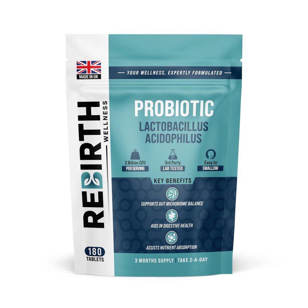 Probiotics for Gut Health - 180 Tablets - Lactobacillus Acidophilus Probiotic - Probiotics for Women and Men - Gluten Free and Vegan Friendly - Made in UK - Rebirth Wellness
