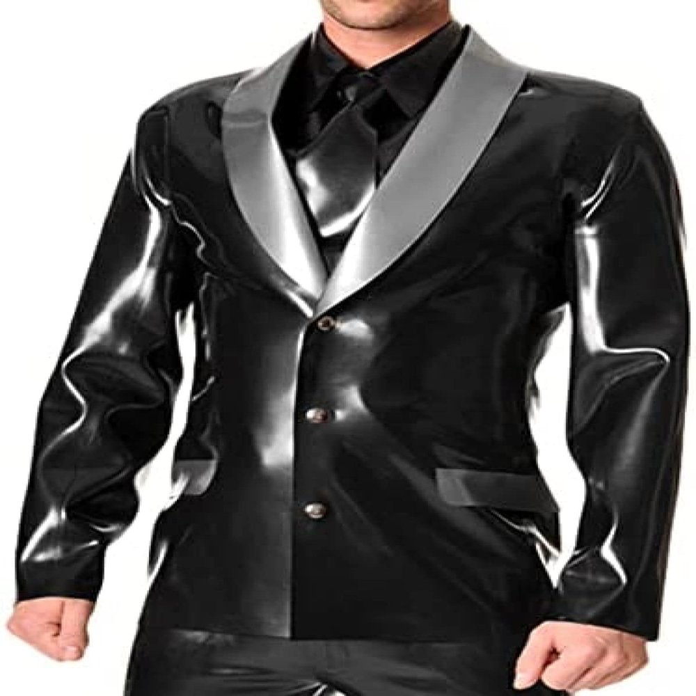 Latex Suit Buttons, Front Turn-Down Collar, Pocket Flaps, Rubber Coat, Top Jackets,Purple with Silver,S