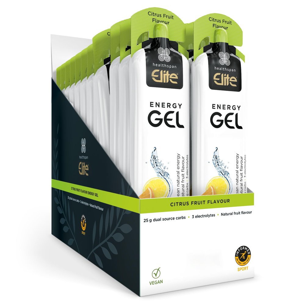 Healthspan Elite Energy Gels (24 Gels) | 25g Dual Source Fast Acting Carbs | 3 Electrolytes- Sodium, Potassium & Calcium | Vegan (Citrus)