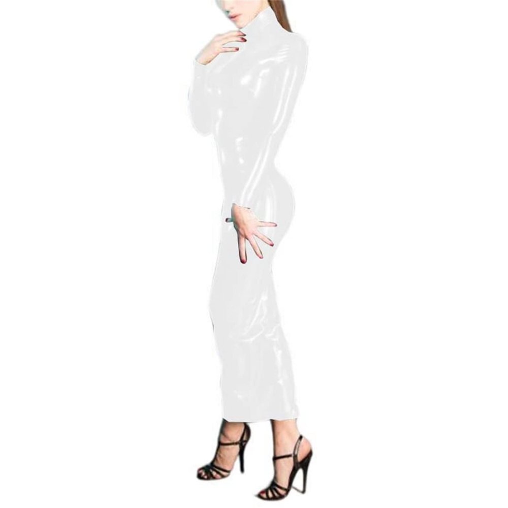 Glossy PVC Clubwear Bodycon Ankle Length Dress Women High Neck Slim Long Sleeve Dress Dress Party Night Clubwear,White,XL