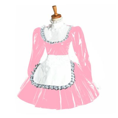 Maid Dress Role Play Lace French Mini Dress Long Sleeve High Neck PVC Dress with Apron,Light Pink,L