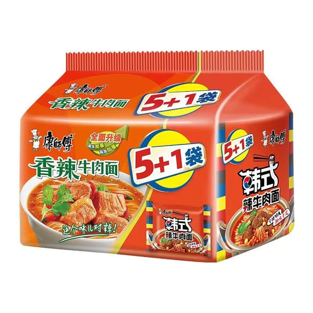 Infinitely Great Home Decor Center 5+1 Kangshifu Chinese Food Snack Instant Noodles - Pack of 6 (Mixed Flavor) (x5+x1)
