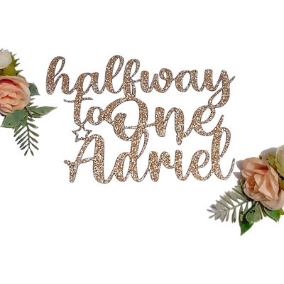 Halfway to One Cake Topper, Custom Name | 6 Months, Half Birthday, Double Sided Glitter Card Toppers (STYLE 2, SILVER)