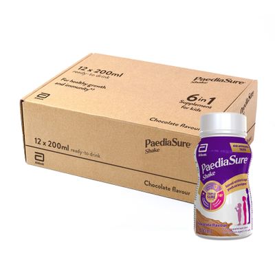 PaediaSure Shake Ready-To-Drink Bottles, 12 x 200ml, Chocolate Flavour, Supplement for Kids with 26 Vitamins & Minerals, Vitamin D, Iron & Protein, Supports Kids Healthy Growth & Immunity.