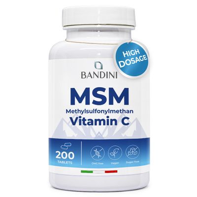 Bandini MSM and Vitamin C - 2000 mg Methylsulfonylmethane - 200 High Strength Vegan Tablets - Supplement for Joints, Skin, Hair, Nails & Collagen Building - Non-GMO, No Preservatives, No Additives