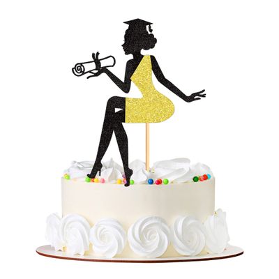 Cyodoos 1 PC High Heel Girl Graduation Cake Topper with Grad Cap Diploma 2023 Graduation Cake Pick 2023 Senior Graduation Cake Decorations for 2023 Girl Graduation Theme Party - Black Gold Glitter