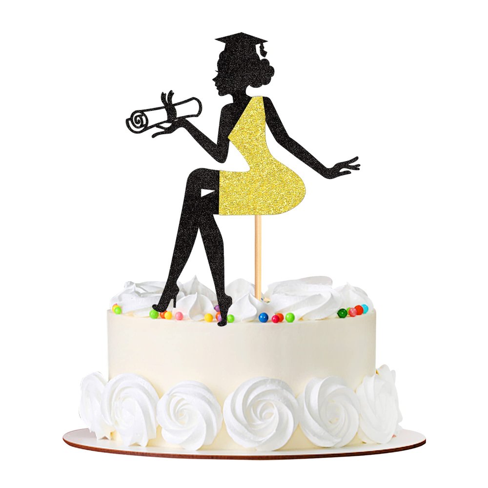 Cyodoos 1 PC High Heel Girl Graduation Cake Topper with Grad Cap Diploma 2023 Graduation Cake Pick 2023 Senior Graduation Cake Decorations for 2023 Girl Graduation Theme Party - Black Gold Glitter