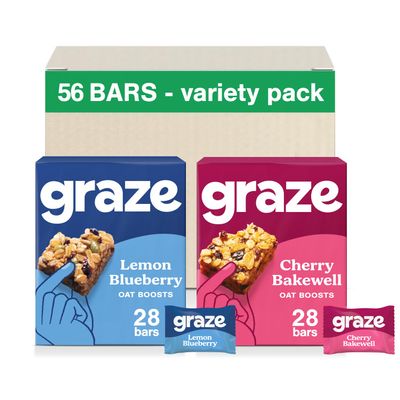 Graze Variety Box - Big Pack Selection - Blueberries & Lemon Healthy Snacks & Cherry Bakewell Oat Snack bars - Box of 56 Snacks - Packaging may vary - (56x30g)