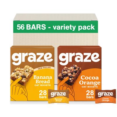 Graze Variety box including - Snacks Oats bars Selection - Banana oats Oats bars & Chocolate Orange oats Oats & Snack bars - Box of 56 vegan snacks - Packaging may vary - (56x30g)