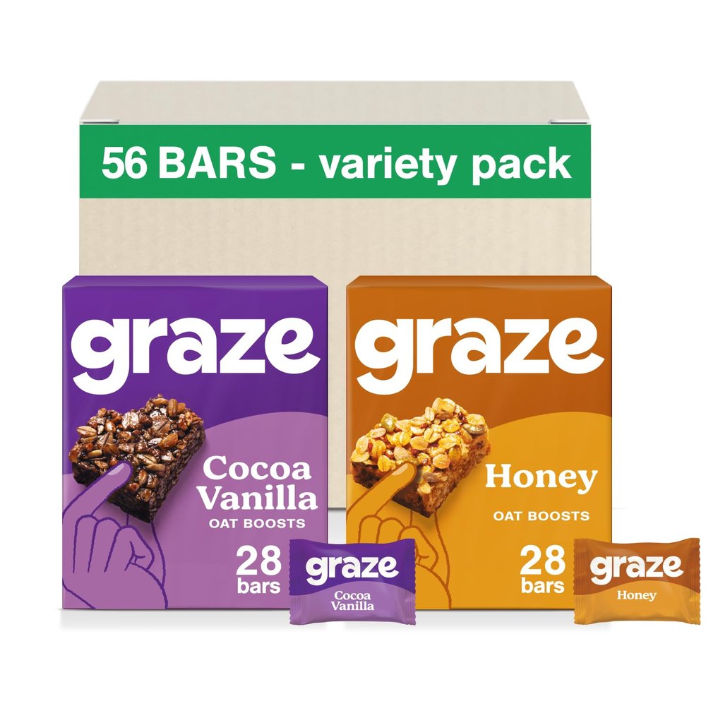 Graze Variety box of Healthy Snacks - Cocoa Vanilla Snack bars & Honey oat protein snack bars - Packaging may vary (56x30g)