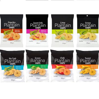 8 x 85g Assorted Plantain Banana Gluten Free Chips (1 each of Paprika, No Salt, Green Banana, Green Plantain, Sweet Chilli, Lime, Chilli, Sweet)