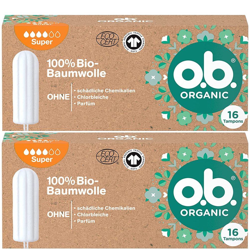 2 Packs of Tampon - O.B. Organic Normal, (16 Count) Organic Tampons for Medium to Strong Days, Made from 100% Organic Cotton for Natural Protection, Brown, 30360
