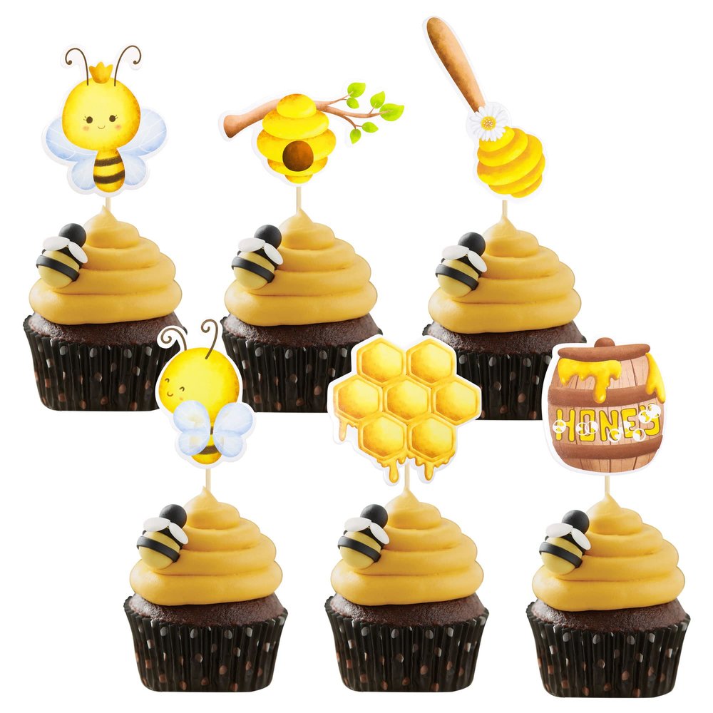 Gyufise 36Pcs Bumble Bee Cupcake Toppers Flower Sweet Bee Honeycomb Cupcake Picks Flower Oh Babee Cake Picks for Bee theme Baby Shower Kids Boys Girls Birthday Party Cake Decorations Supplies