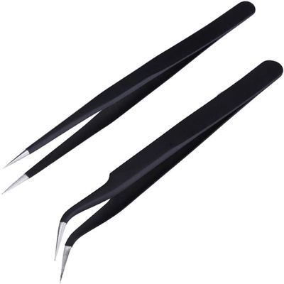 Lash Tweezers - Pack of 2 Stainless Steel Eyelash Extension Tools | Straight & Curved Tip False Lash Application (Black)