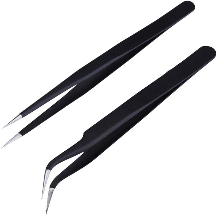Lash Tweezers - Pack of 2 Stainless Steel Eyelash Extension Tools | Straight & Curved Tip False Lash Application (Black)
