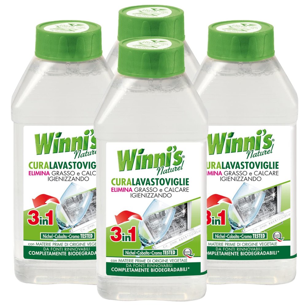 Winni's Naturel CuraDishwasher Liquid Formula 3in1 Degreaser Anti-limescale Hygenizing Hypoallergenic Raw Materials Plant Origin Fully Biodegradable - 4 Bottles of 250ml