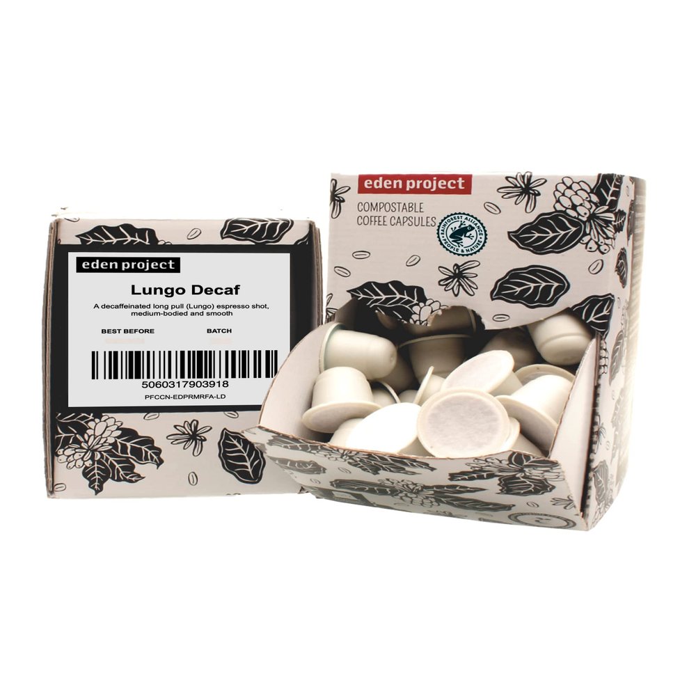 THE EDEN PROJECT 100 DECAF LUNGO Home Compostable Coffee Pods - Compatible with Nespresso Original system coffee machines - EXTRA VALUE 100 POD PACK